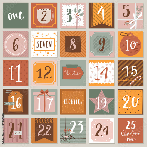 Christmas advent calendar, hand drawn style. Vector illustration.