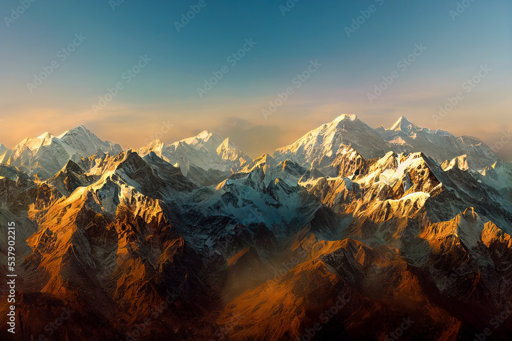 Panoramic view of himalayas mountains, Mount Everest. Panoramic view of the snowy mountains in Upper Mustang, Annapurna Nature Reserve, Nepal.  