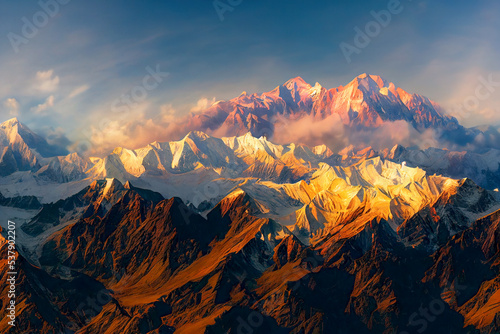 Panoramic view of himalayas mountains  Mount Everest. Panoramic view of the snowy mountains in Upper Mustang  Annapurna Nature Reserve  Nepal.  
