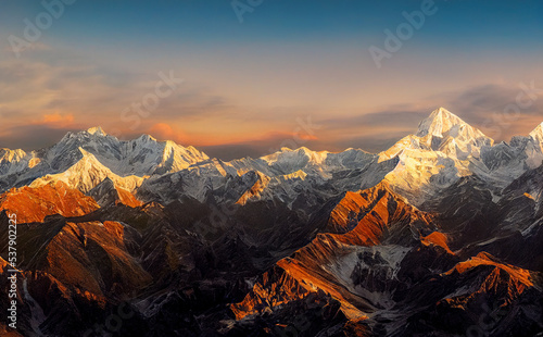 Panoramic view of himalayas mountains, Mount Everest. Panoramic view of the snowy mountains in Upper Mustang, Annapurna Nature Reserve, Nepal.   photo