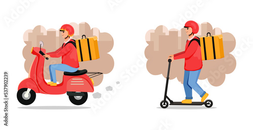 A set of men working on the delivery of goods and cargo. Scooter and scooter. Ground transport. Shipping. Traffic. Vector stock illustration