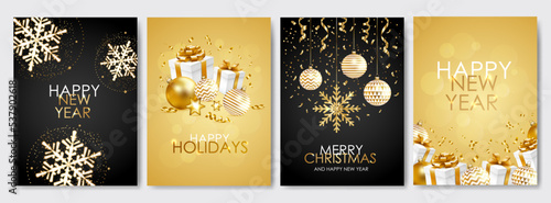 Merry Christmas, Happy New Year, Happy Holidays cards with gift boxes, balls, snowflakes and confetti on black and gold background. Modern universal templates. Vector illustration.