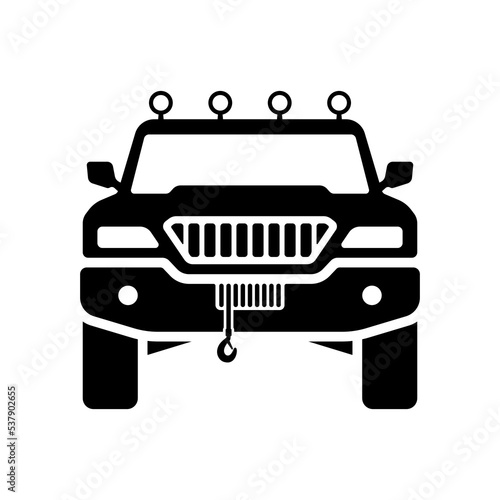 SUV icon. Large off-road vehicle with a winch. Black silhouette. Front view. Vector simple flat graphic illustration. Isolated object on a white background. Isolate.