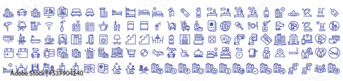 Collection of icons related to Hotel and lodge, including icons like Restaurant, Taxi, Room, Spa and more. vector illustrations, Pixel Perfect