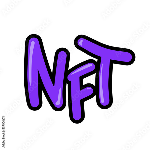 NFT word on white background. Urban street art grafitti.  Crypto graphic asset. Blockchain technology digital cryptoart. Hand drawn vector illustration. ..