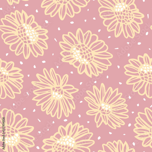 Vector yellow daisies dots pink seamless pattern