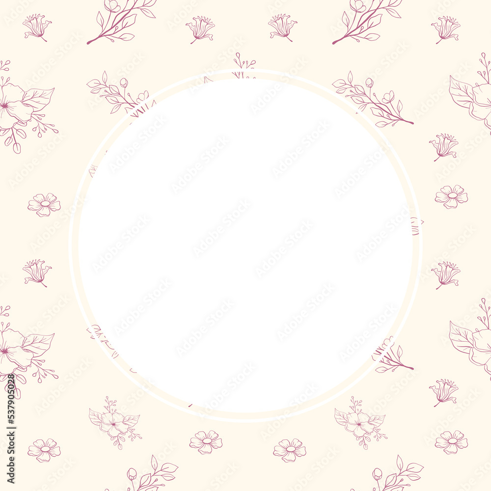 Frame in beautiful floral background. Square card background design with flowers. Floral background with square frame. Colored flat vector illustration