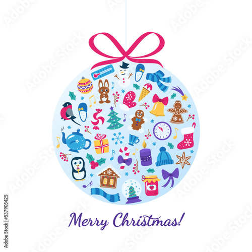 Merry Christmas card with cute cartoon elements in christmas ball with red bow. Seasonal winter, Christmas greetings, advertising design concept. Isolated on white background. Flat vector illustration