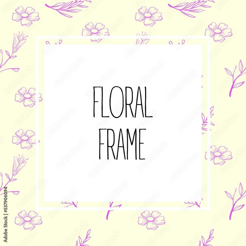 Frame in beautiful floral background. Square card design with flowers. Colored linear floral vector illustration