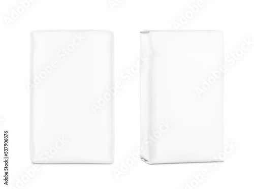 Vertical bag package mockups. Front and half side view. Vector illustration isolated on white background. Easy to use for presentation your product, idea, promo, design. EPS10.