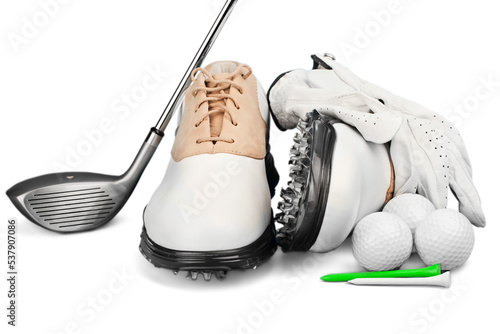 Pair of Golf Shoes with Glove, Ball, Tees and Golf Driver photo
