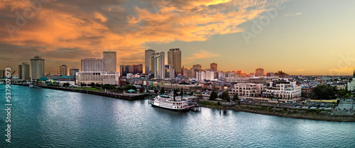 New Orleans River Paddle boat with colorful sunset