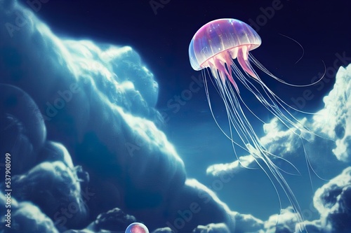Giant alien scifi jellyfish flying through space above the earth in clouds realistic 3d render © 2rogan