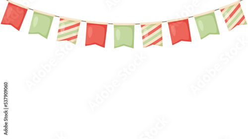 Celebration flag garland bunting. Red, green, beige pennants chain. Party flags decoration for wedding, birthday, baby shower, bridal shower, Christmas. Footer or banner background