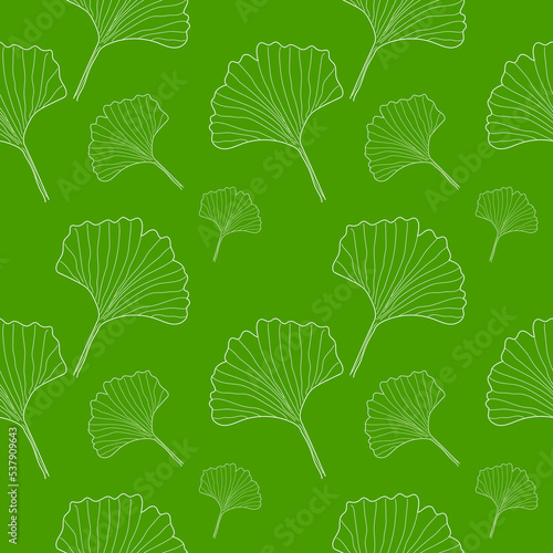 Seamless pattern Ginkgo leaves on green background in linear style. Hand drawn Ginkgo herbal plant seamless pattern. vector eps10