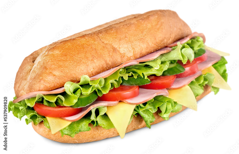 Ham and cheese salad submarine sandwich from freshly cut baguette - obrazy, fototapety, plakaty 