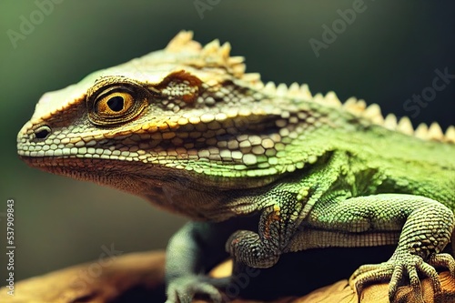 Cute baby of bearded agama dragon is sitting on log in his terrarium with open mouth. Exotic domestic animal  pet. The content of the lizard at home.