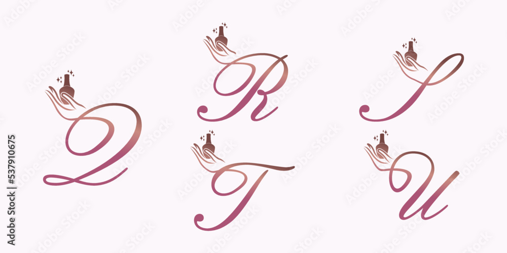 set of letter font logo design vector with nail polish beauty icon
