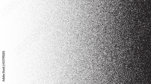 Grain stippled gradient. Faded stochastic dotwork texture. Random grunge noise background. Black dots, speckles or particles wallpaper. Halftone vector monochrome 