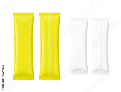 Set of realistic packaging flow pack mockup. Front and rear side. Vector illustration isolated on white background. It can be used for sugar, coffee, ketchup, powder, cosmetics and etc. EPS10.	