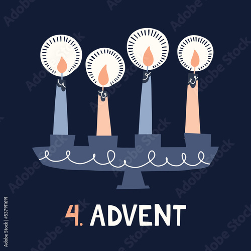 Four Burning Candles in Candle Holder Retro Scandinavian Christmas Card. Nordic Style Pastel Flat Illustration. Winter Holidays Wallpaper. Christmas Advent Vector Graphic Print