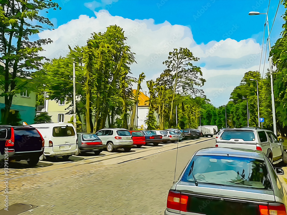 Street of the city of Kaliningrad. Parked cars. Clear weather. Tram rails. Imitation of oil paint. Picture from a photo