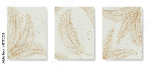 Art background with golden feathers in art line style. Set of hand drawn vector posters for decoration, print wallpaper, packaging, interior design.