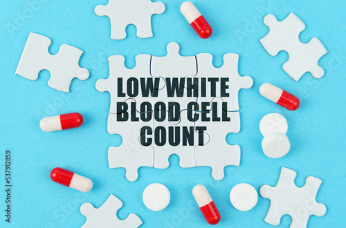 On a blue background, pills, capsules and puzzles with the inscription - Low white blood cell count photo