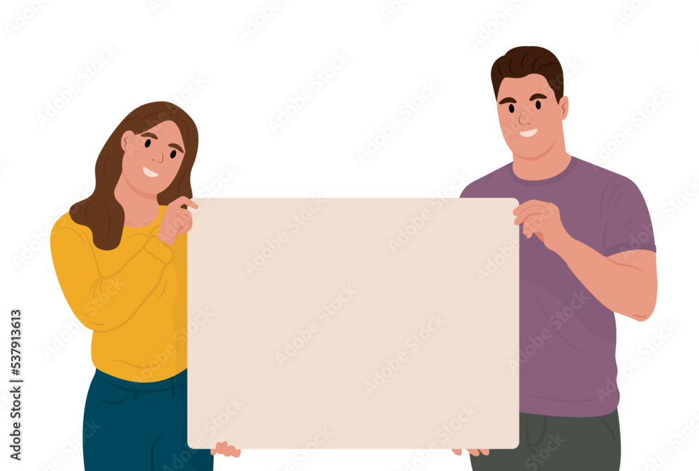 Man and a girl hold a blank sheet of paper in their hands. Office workers present advertisement on blank banner background mockup with space for presentation. Vector Man and a girl hold a blank sheet of paper in their hands. Office workers present advertisement on blank banner background mockup with space for presentation. Vector