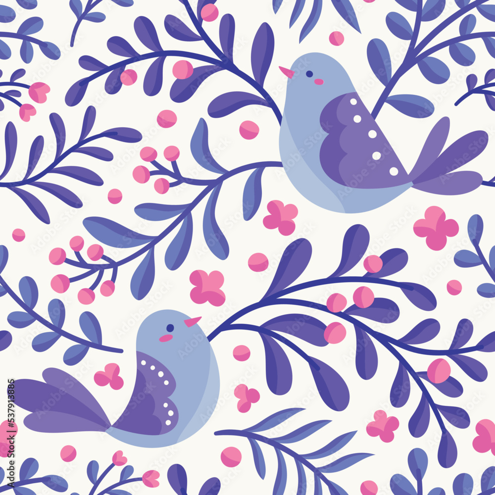 Cute seamless pattern with birds and floral elements. Vector illustration with cartoon drawings for print, fabric, textile.