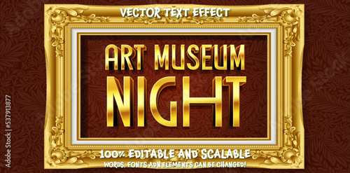 Editable luxury golden lettering font template with lighting effect and geometric frame on red art textured background design. "Art Museum Night"text Modern luxury typoraghy fully editable text design