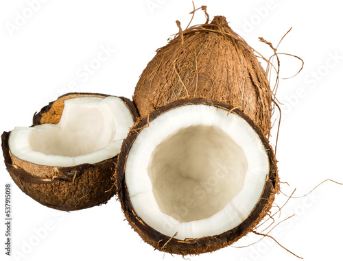 Ripe coconuts whole and cut half composition isolated