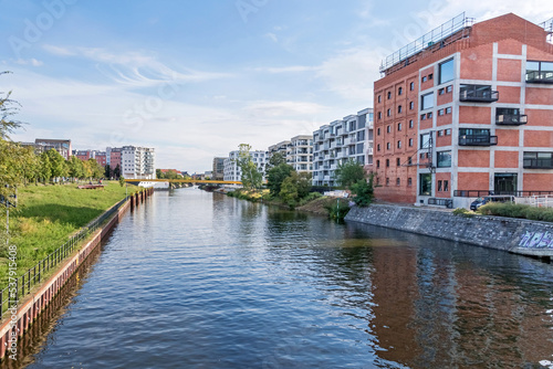 Berlin-Spandau shipping canal and the the new Quarter at Nordhafen harbor in Berlin, Germany © laranik