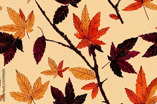 Seamless pattern with autumn leaves in orange  beige  brown and yellow colors. Suitable for wallpaper  gift paper  pattern fill  web page background  autumn greeting cards.
