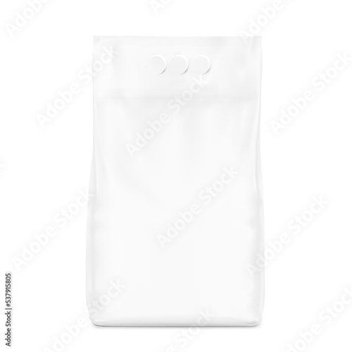 Realistic stand bag with hole handle mockup. Vector illustration isolated on white background. Perfect for presentation nappies, wet wipes, food, cleaning products, household, etc. EPS10.	
