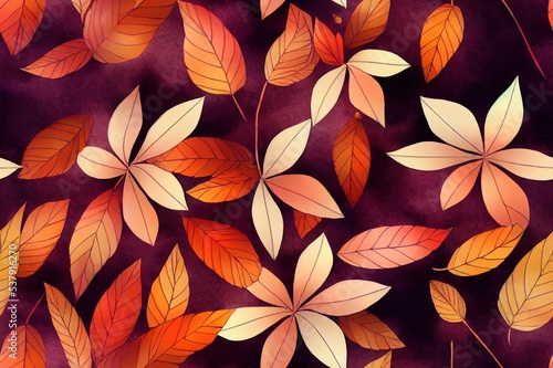 Seamless pattern with autumn leaves on a dark background, hand drawn in watercolor.