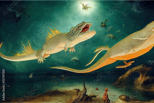 Tiktaalik, extinct legged fish, the evolution of fourlegged animals (3d science rendering) photo