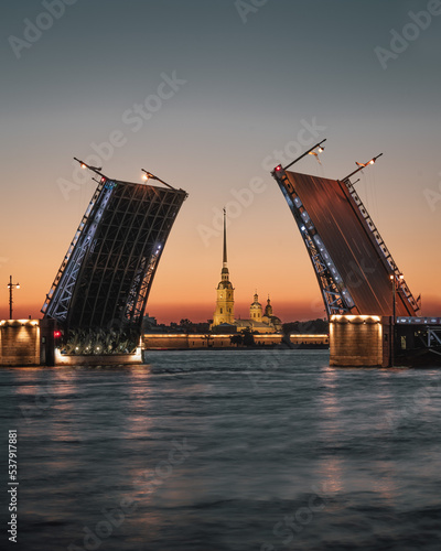 Raised bridge in the evening in the center of St. Petersburg