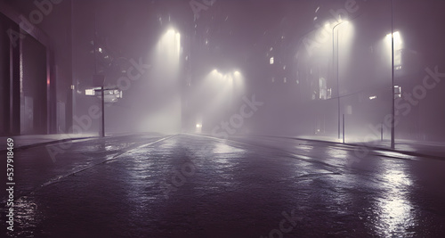 Illustration Empty Street At Night, Cityscape, Night Lights, Refection