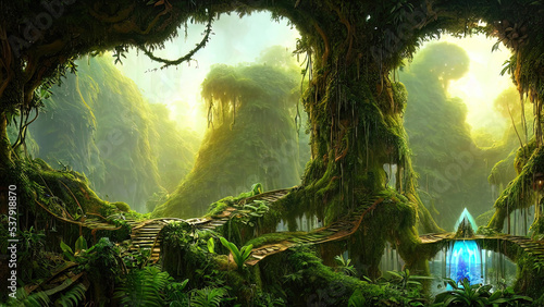 Fotografie, Obraz Wild jungle forest. Fantasy forest landscape. 3D illustration