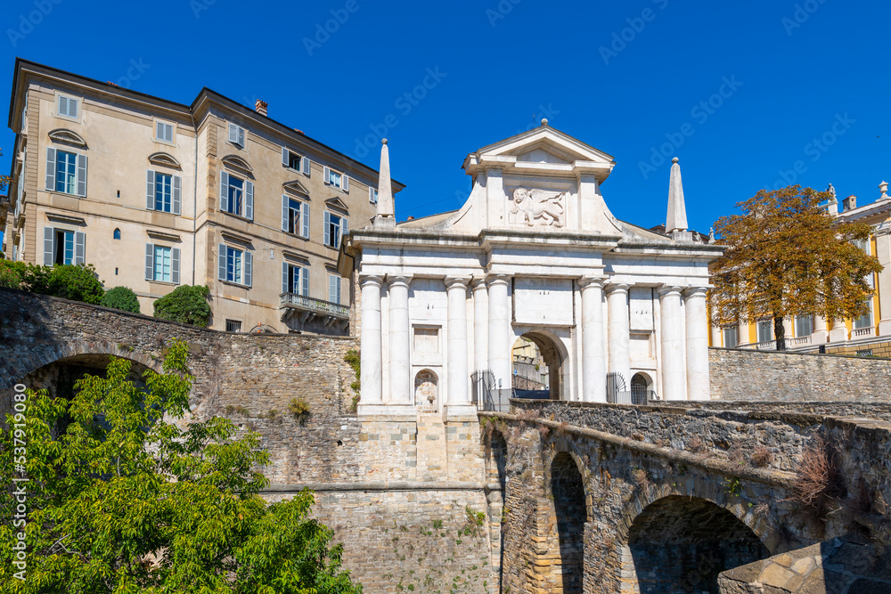 The Porta San Giacomo, one of the four Venetian gates of the Citta Alta, the ancient part of the hilltop walled city of Bergamo, Italy.