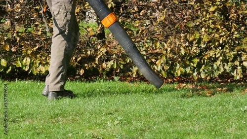 A janitor removes chestnuts and fallen leaves from a green lawn with a special outdoor vacuum cleaner