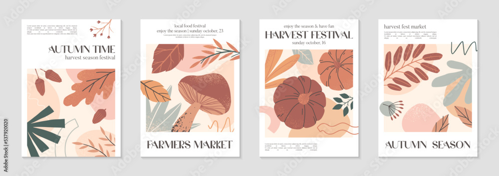 Fototapeta premium Autumn harvest festival posters with pumpkins,foliage and copy space for text.Farmers autumn market covers for invitations,social media marketing,greetings,brochure.Harvest fest vector illustrations