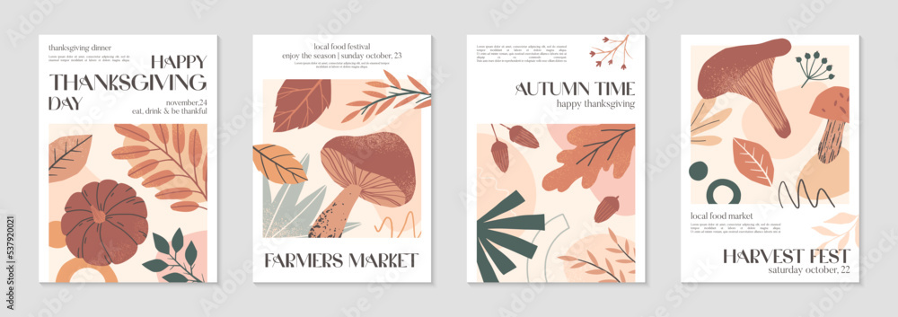 Happy Thanksgiving dinner and harvest posters with pumpkins,foliage and copy space for text.Modern autumn covers for invitations,social media marketing,greetings,brochure.Trendy holiday backgrounds. Happy Thanksgiving dinner and harvest posters with pumpkins,foliage and copy space for text.Modern autumn covers for invitations,social media marketing,greetings,brochure.Trendy holiday backgrounds.