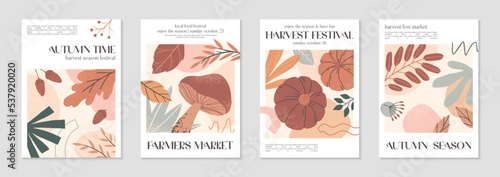 Autumn harvest festival posters with pumpkins,foliage and copy space for text.Farmers autumn market covers for invitations,social media marketing,greetings,brochure.Harvest fest vector illustrations © Xenia Artwork 