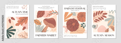 Autumn harvest festival posters with pumpkins,foliage and copy space for text.Farmers autumn market covers for invitations,social media marketing,greetings,brochure.Harvest fest vector illustrations