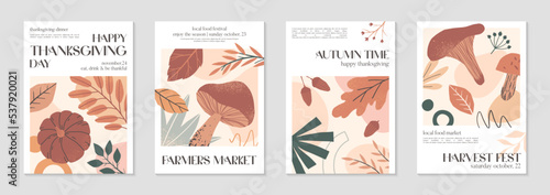 Happy Thanksgiving dinner and harvest posters with pumpkins,foliage and copy space for text.Modern autumn covers for invitations,social media marketing,greetings,brochure.Trendy holiday backgrounds.