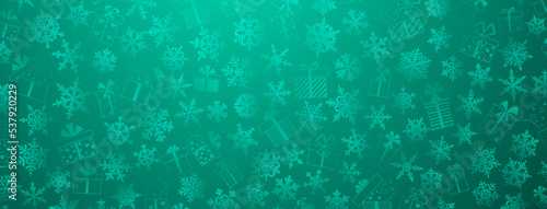 Background made of complex Christmas snowflakes and gift boxes with different patterns, in turquoise colors