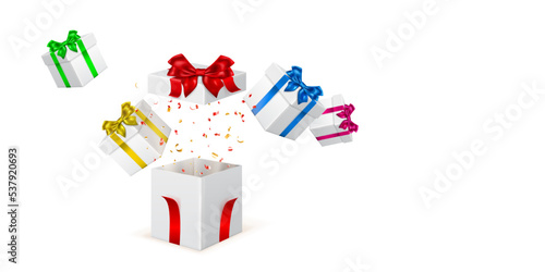 Festive illustration with white gift boxes with colored ribbons and bows, pieces of serpentine fly out of it