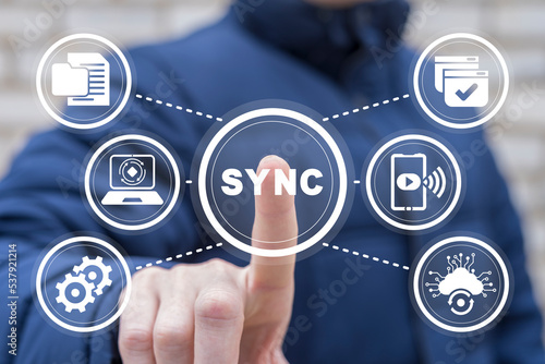 Concept of Sync Data Cloud. Electronic devices, browser and services synchronizing. Cross-device syncing, cross-device synchronization and operation. photo